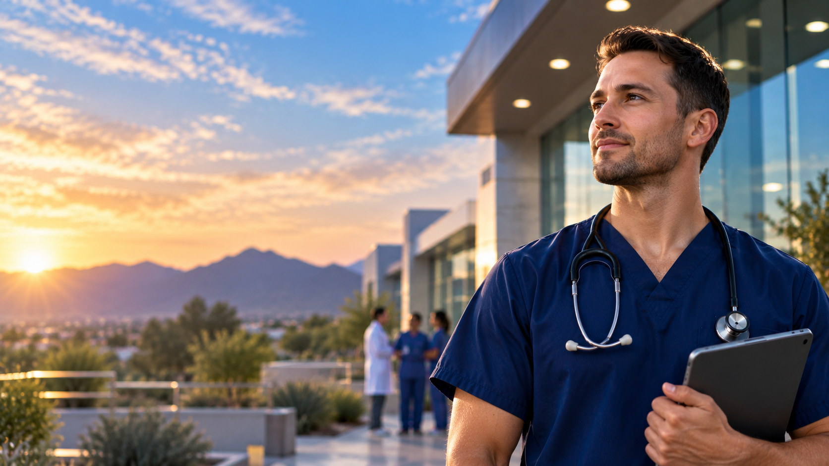 Healthcare professional in navy scrubs outside a modern medical facility at sunrise