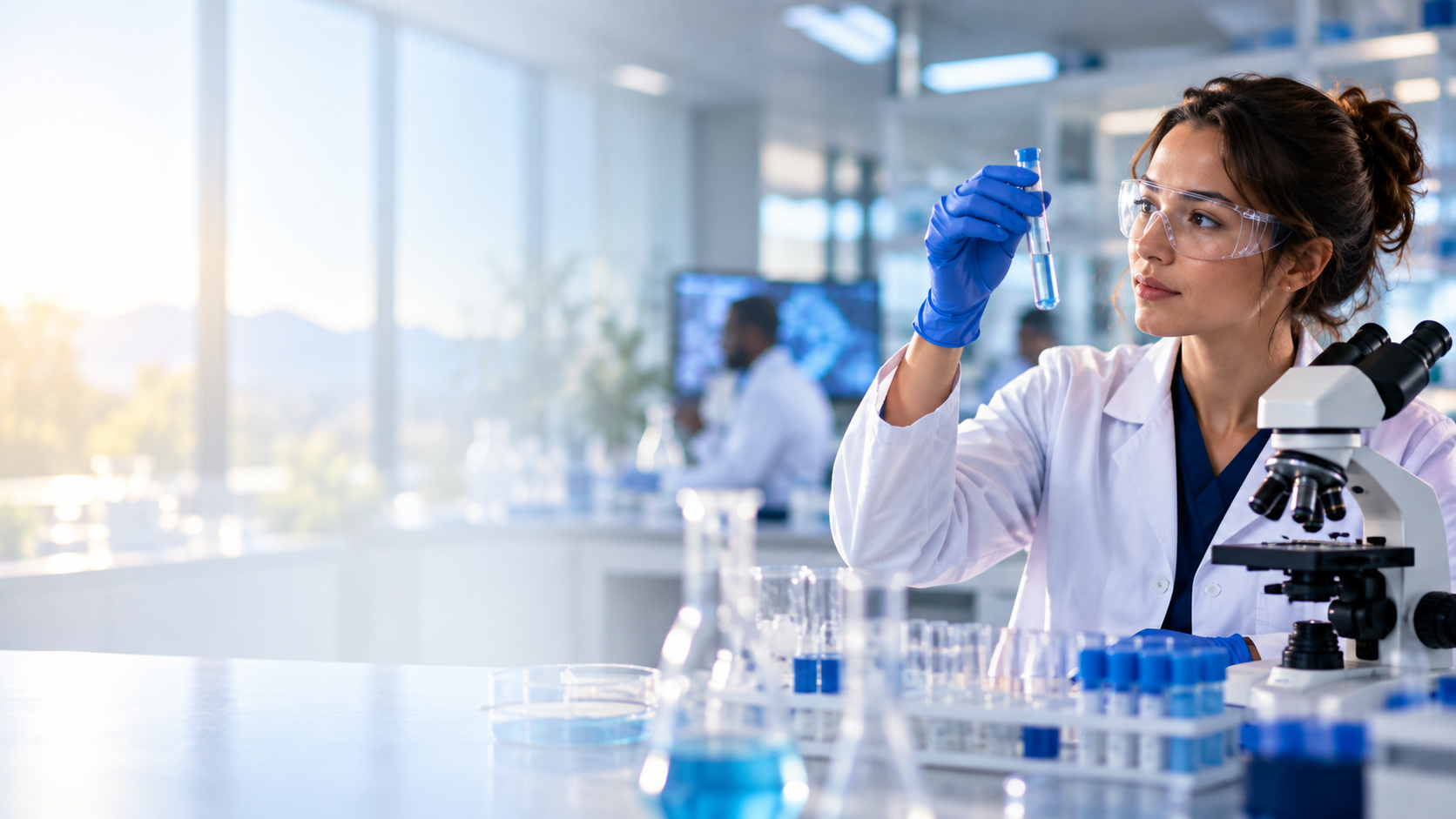 Biomedical laboratory scientist examining a sample beside a microscope in a modern research laboratory