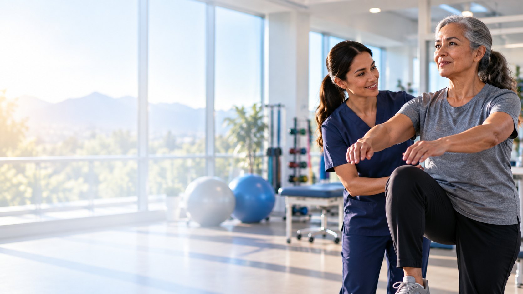 Physical therapist assisting a patient with a balance and mobility exercise in a modern rehabilitation clinic