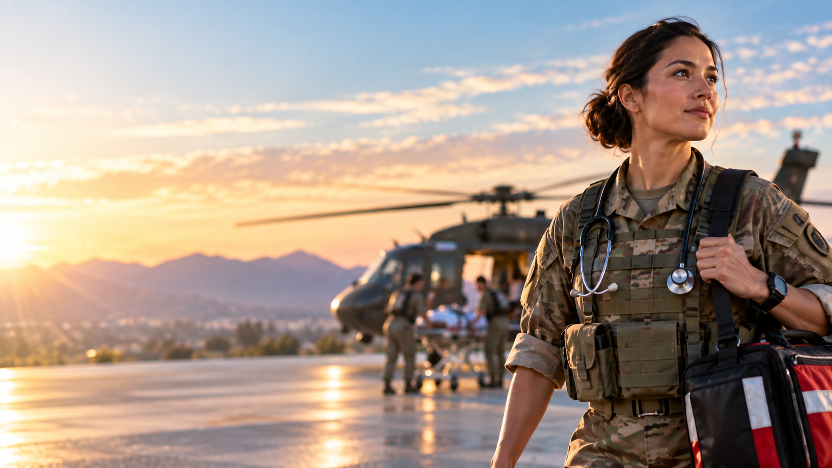 Military medical professional with emergency equipment standing near a medical evacuation helicopter at sunrise