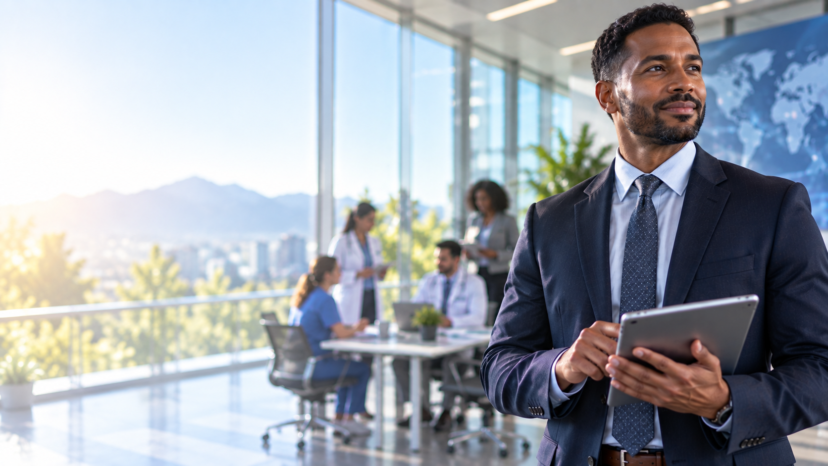 Public health professional holding a tablet while an interdisciplinary healthcare team collaborates in a modern office